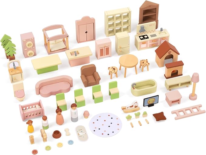 OOOK Wooden Dollhouse with 60 Pcs Luxurious Furniture Accessories, Including 4 Dolls and 2 Pets, Large 3-Story Doll House with 6 Rooms, Doll House for 3 Year Old
