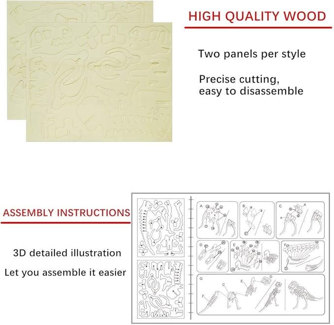 3D Wooden Dinosaur Puzzle - 6 Piece Set Wood Dinosaur Skeleton Model Puzzle - DIY Wooden Crafts 3D Puzzle - STEM Brain Teaser Puzzle Gifts