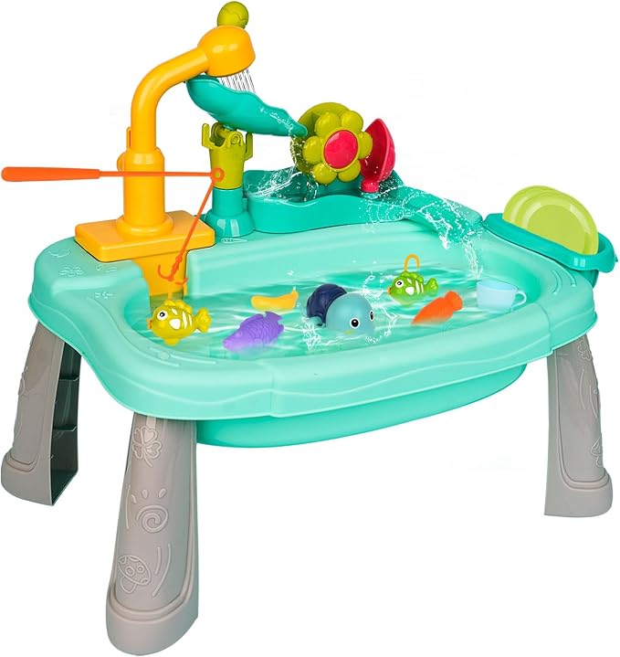 Mini Water Table for Toddlers, 360° Electric Faucet Play Sink with Fishing Game Running Water Play Sink with Fishing Play, Sensory Activity for 3+ year Olds, Perfect for Outdoor & Indoor Use