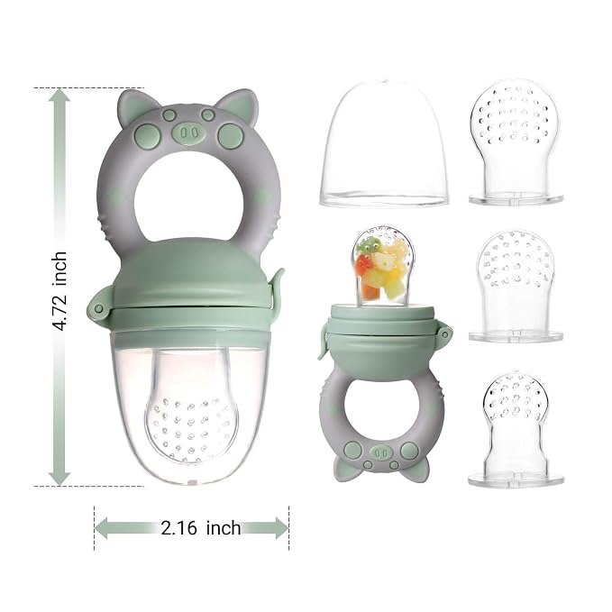 Baby Fruit Food Feeder Pacifier, Green & Gray, 2-Pack | Fresh Teething Pacifiers, 6 Pcs Silicone Pouches, For 3-24 Months, Piggy Handle