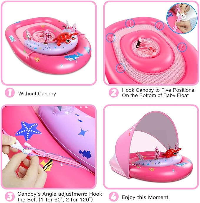LAYCOL Baby Pool Float with Canopy UPF50+, 120°Adjustable Sun Protection and Anti-Tip Safety Seat, Inflatable Toddler Floaties Infant Pool Float with Animal Pool Toys, Baby Beach Essentials for 6-36M