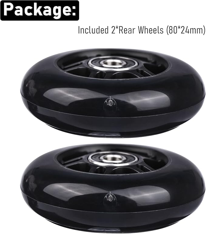 2-Pack Rear 80mm Colorful Flashing 3-Wheeled Kid Scooter Replacement Wheels for Kid Push Kick Scooter (Black)