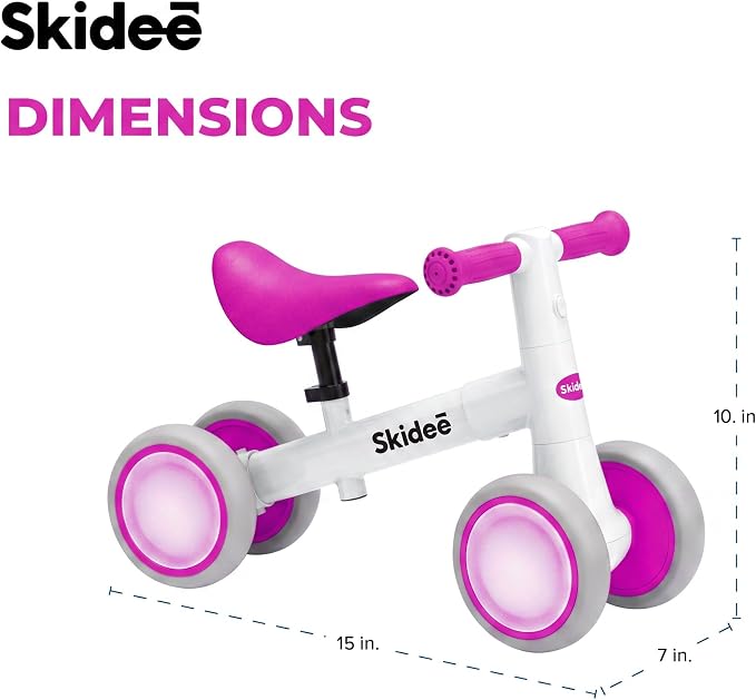 SKIDEE Toddler Balance Bike 1-3, 4-Wheel Balance Bike with Rare Light-Motion-Activated LED Wheels, Adjustable Height & Child Safe Steering, Lightweight Ride-On Toy Training Bike for Boys & Girls