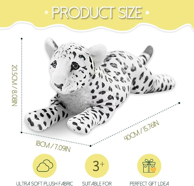 Snow Leopard Plush 15" Large White Snow Leopard Stuffed Animal Pillow Big Cute Plush Toys Realistic Deocr Birthday Graduation Gifts for Kids Boys Girls