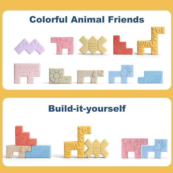 10 Soft Animal Stacking Blocks for Babies 6-12 Months, Montessori Toys for 1 2 Year Old Girls & Boys, Building Blocks Game Teething Toys for Babies Birthday Gifts, Shapes & Colors