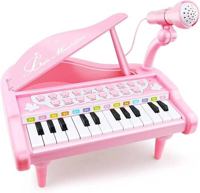Love&Mini Piano Keyboard Toys for Girls - 24 Keys Toddler Piano Music Toy Instruments with Microphone,Pink Piano Toys for 3+ Years Old Girls Birthday Xmas Gifts (24 Keys Pink Piano Toy)