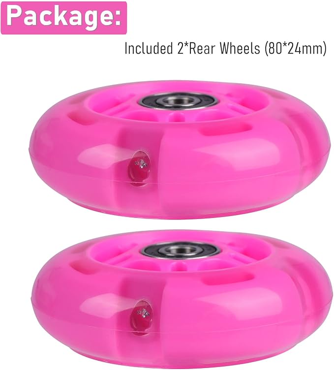 2-Pack Rear 80mm Colorful Flashing 3-Wheeled Kid Scooter Replacement Wheels for Kid Push Kick Scooter (Pink)