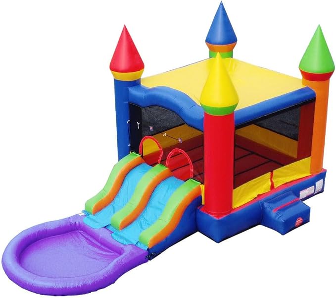 Inflatable Bounce House with Slide for Kids - Backyard Modular Rainbow Castle Combo Bouncer with Water Pool, Outdoor Toys, Jumpers for Kids - Bounce House with Blower & Stakes - 12' x 12' Area