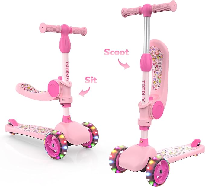 TONBUX Kids Scooter with Seat, 3 Wheels Scooter with PU Luminous Wheels, Non-Slip Handle and Wide Deck, Sensitive Brakes, 4-Level Adjustable Height, Scooters for Kids 2–8 Years