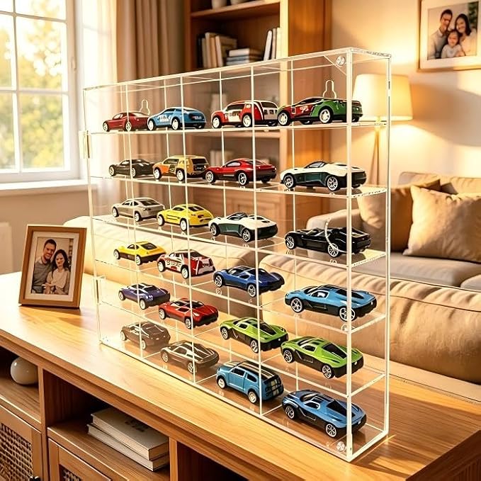 JUESHA 2 Pack Acrylic Display Case for Hot Wheels Storage 1/64 Scale, 6 Levels 24 Slots Toy Cars Showcase Wall Mount or Desktop, Clear Display Organizer for Diecast Matchbox Model Car Tabletop