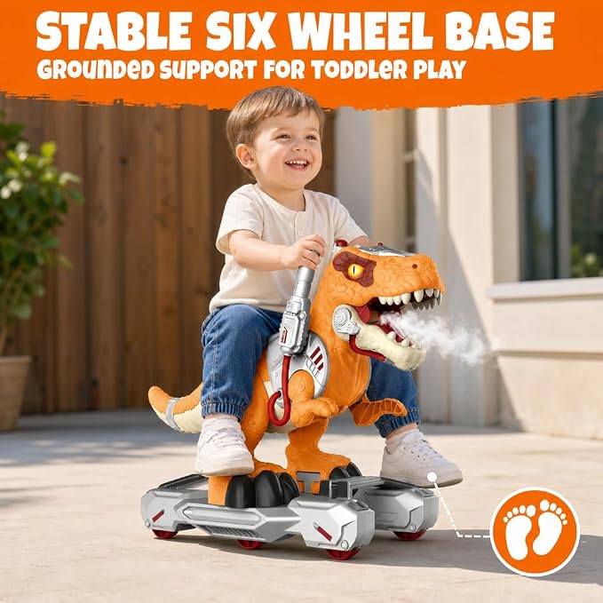 Dinosaur Ride-On Scooter for Toddlers β Electric Push & Ride Foot-to-Floor Sliding Rideable Toy with Music, Lights, Mist Spray for Boys & Girls - Orange (Orange)