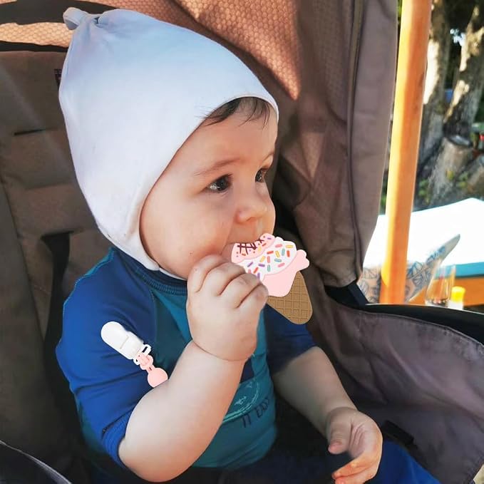Baby Teething Toys,Food Grade Silicone Teether with One-piece Pacifier Clip Holder,Baby Gift,Highly Effective Pain Relief for 3 Months+ Boy and Girl,BPA Free,Freezer Safe. (Ice Cream)