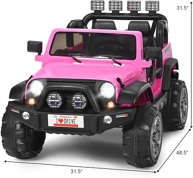 Costzon 2-Seater Ride on Truck, 12V Battery Powered Electric Vehicle Toy w/Storage, Remote Control, 3 Speed, LED Lights, MP3, Horn, Music, 2 Doors Open, Spring Suspension, Ride on Car for Kids (Pink)
