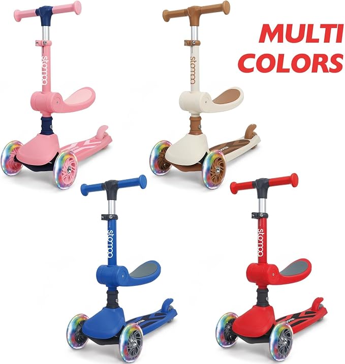 Stompa Kids Scooter 2-in-1 Light Up 3 Wheel Scooters with 4 Levels Adjustable Handlebar, Foldable Seat, Widen Non-Slip Deck for Girls & Boys Max 110 Lbs