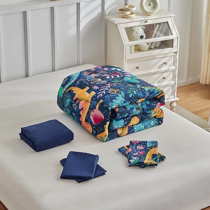 Wajade 7 Piece Dinosaur Comforter Set for Boys 3D Blue Dinosaur Print Bedding Set for Kids Teens Bed in A Bag Queen Size (1 Comforter, 1 Flat Sheet, 1 Fitted Sheet, 2 Pillowcase and 2 Pillow Sham)