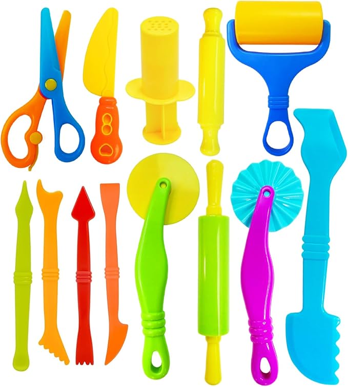 Dough Tool Set, 13Pcs Dough and Clay Play Tools Kit for Kids, Modeling Clay Accessories Includes Safety Scissors, Rolling Pins, Plastic Knife, Dough Extruder & Rollers