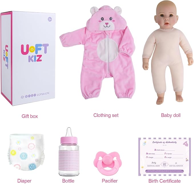 UOFTKIZ Baby Dolls Girl - 17" Real Life Baby Doll, Soft Body Doll with Feeding Toy Kit, Gift for Grandparents, New-Parents, Kids 3+