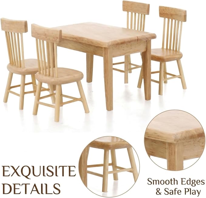 Z MAYABBO Wooden Dollhouse Furniture of Table & Chair, Miniature Dollhouse Accessories of Dining Room Accessory - 1/12 Scale