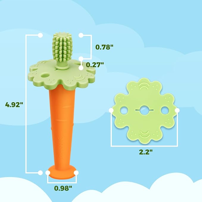 Papablic Baby Toothbrush Teether, 360° Carrot Toothbrush Teething Toy with Suction Base, Children's Day Gift Travel Essentials for Toddler Infants 6-12 Months