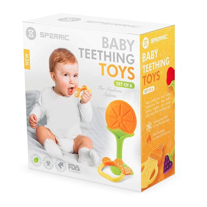Teether Toys for Babies 0-6 Months, Newborn Infant Teethers Freezer Safe Silicone, Frozen Teething Toys 6 Pack - Perfect Baby Gift