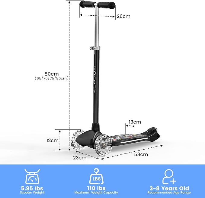 TONBUX Kids Scooter for Ages 3-8: 3-Wheel Kick Scooter with LED Light-Up Wheels & Deck, 7 Lighting Modes, 4 Adjustable Heights, Metal-Reinforced Deck, Lean-to-Steer Balance Training Toddler Scooter