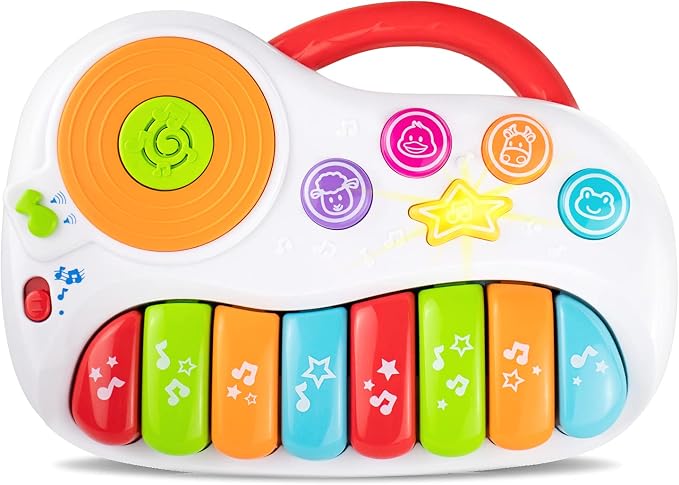Musical Piano Toy for 1-3 Year Old Toddlers, 8-Key Rainbow Keyboard with DJ Turntable Scratchpad, 5 Light-Up Animal Buttons, Demo Songs, Volume Control and Carry Handle, Boys Girls Gift