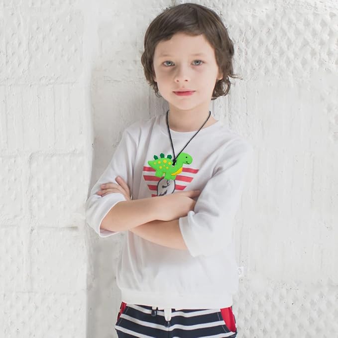 KongNai Chew Necklace for Sensory Kids, 5Pcs Chewy Necklaces for Boys and Girls with Autism ADHD, Chewable Silicone Pendant for Reducing Fidget Anxiety,Dinosaur Tractor Chewing Pendants for Toddler