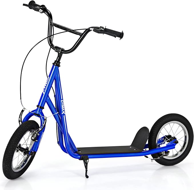GYMAX Scooter, Kids & Adults Off-Road Scooter with 12" Inflatable Wheels, Adjustable Height Handlebar, V-Type Handbrakes & Axle Pegs for All Terrain, 8+