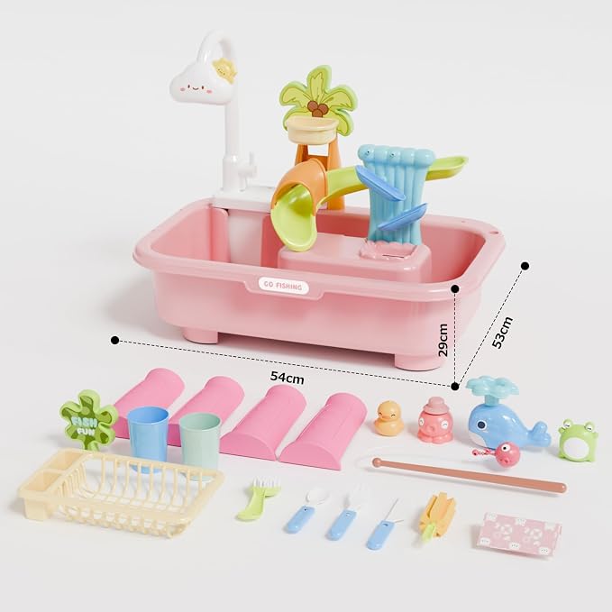 Sand and Water Table Toy for Toddlers, 22 Piece Toy Accessories, 4L Large Capacity Basin, Fishing Game/Kitchen Sink Toys, Perfect Summer Gift for Kids Ages 3-8 (Pink)