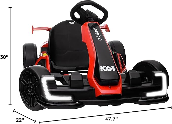 KerryYoo K61 Go Kart Electric Drift Kart with Length Adjustable Seat, 24V Outdoor Ride on Toy with 4 Speed Mode, Crazy Kart for Kids 6-12 Years Old, Fast 300W Motor, 8.5 MPH, Bluetooth - Red