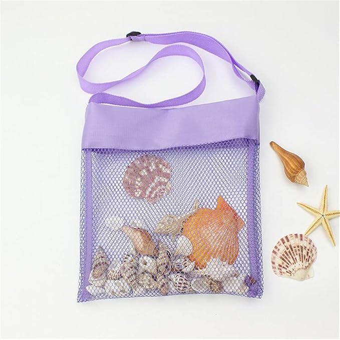 LEMAXELERS 5-PCS Colorful Mesh Beach Bag Shell Collecting Bag Toy Holding Shells with Adjustable Carrying Straps Beach Bags for Kids (5-Pack)