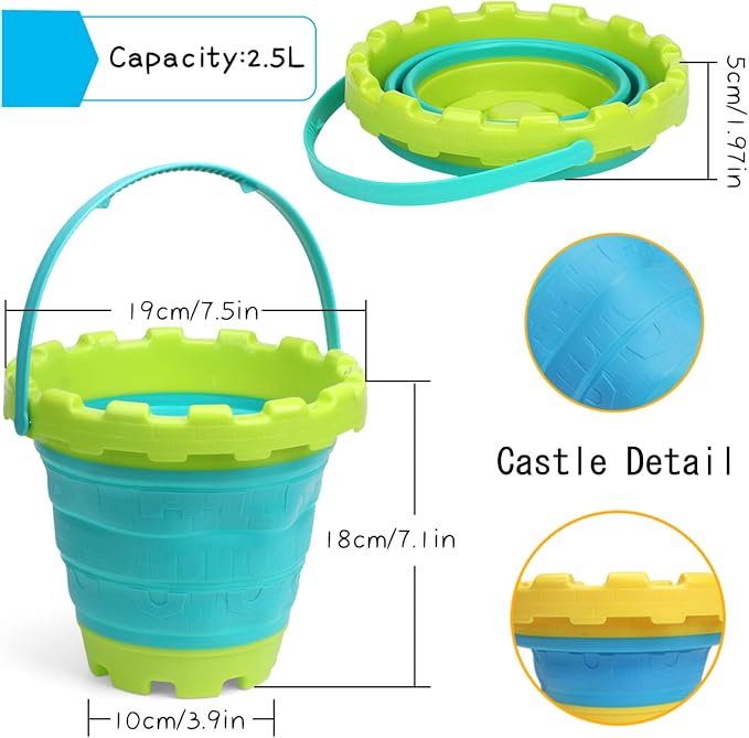 Jumbo Sand Beach Bucket Toys for Kids, Large Fodable Bucket with Mesh Bag, Silicon Travel Collasible Pail Toys For Sand Snow Fun, Sanbox Toy Garden Tools Perfect for Beach Snow Backyard Gifts 3 PACK