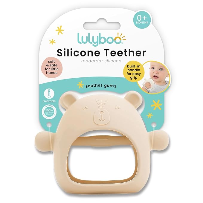 Lulyboo Silicone Teething Baby Bear, Soft and Durable Easy Grip Teether, Self Soothing Pain Relief for Teething, 0-12 Months (Ivory)