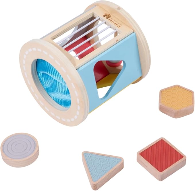 Montessori Toys for 1 Year Old, Wooden Rolling Shape Sorter‒4 Pcs Silicone Sensory Blocks, Developmental Learning Toy for Baby 12 Months, Color Sorting Activity for Toddlers Boys & Girls