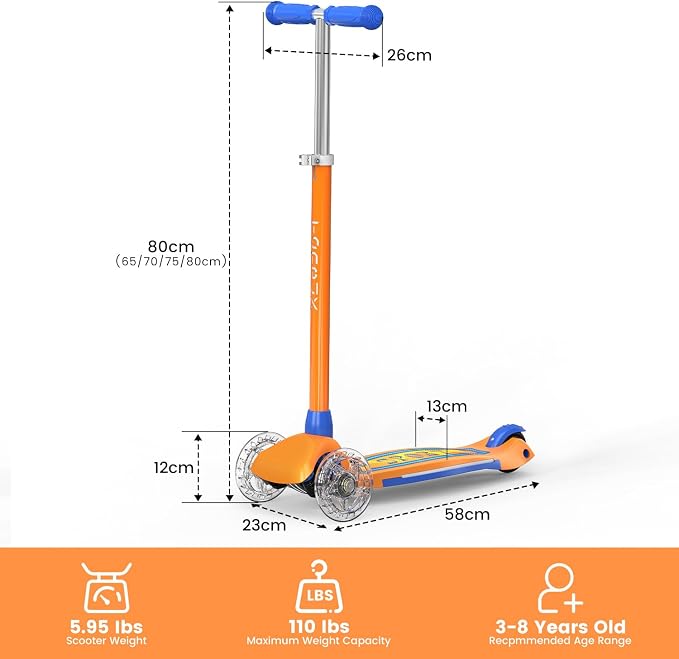 TONBUX Kids Scooter for Ages 3-8: 3-Wheel Kick Scooter with LED Light-Up Wheels & Deck, 7 Lighting Modes, 4 Adjustable Heights, Metal-Reinforced Deck, Lean-to-Steer Balance Training Toddler Scooter