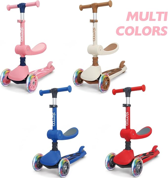 Stompa Kids Scooter 2-in-1 Light Up 3 Wheel Scooters with 4 Levels Adjustable Handlebar, Foldable Seat, Widen Non-Slip Deck for Girls & Boys Max 110 Lbs