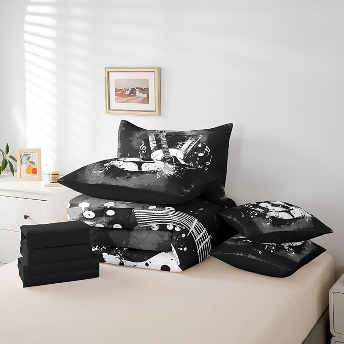 Feelyou Guitar Comforter Set with Sheets Queen Size Rock Music Bed in a Bag for Boys Girls Teens Carbon Black 7 Pieces Bedding Set Soft Lightweight Microfiber
