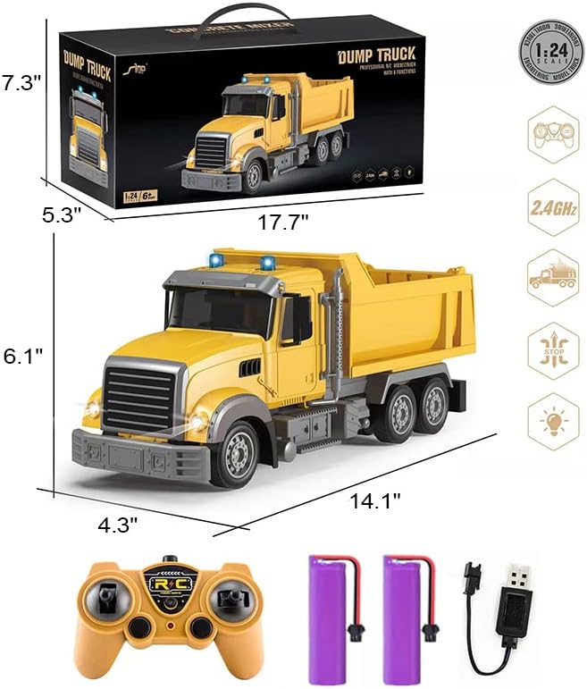 RC Dump Truck Toy for Kids - 6 Channel Remote Control Dump Truck with LED Lights, RC Construction Vehicle Truck Toys with 2 Rechargeable Batteries, Gifts Ideas for 3-8 Years Old Boys and Girls