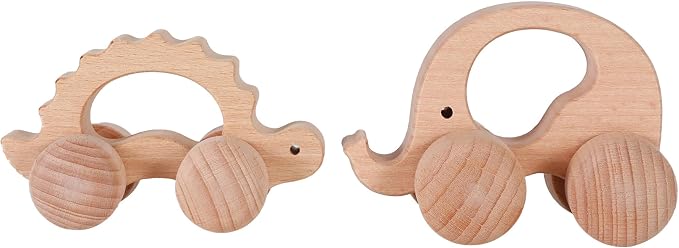 Wooden Toys Cars (2 Pack) for Toddler Montessori Inspired Teething Push Toys Exercise Baby's Grip Ability