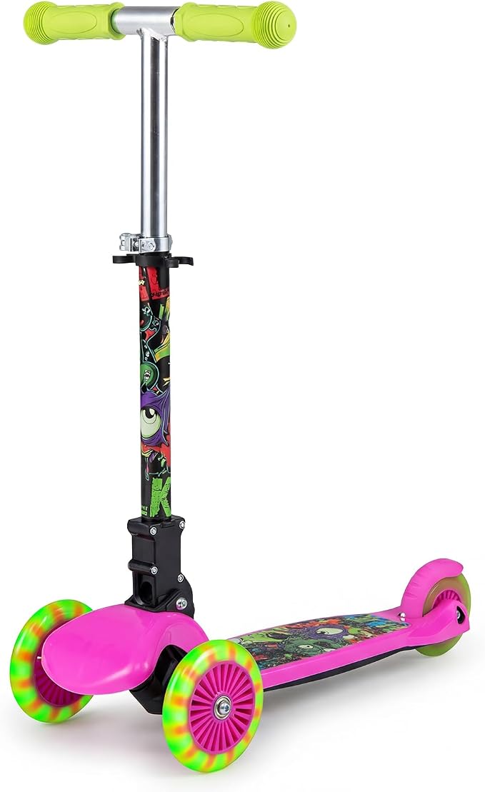OLAKIDS Kids Kick Scooter with LED Front Wheels, 3-Level Adjustable Handlebars, Lean-to-Steer Design, Rear Foot Brake, Wide Anti Slip Deck, 3-Wheel Scooter for Kids Ages 2-5