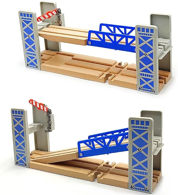 Lift Bridge Wooden Crane Toy Set with Train Cars - Compatible with Major Wooden Rail Brands - Ages 3-5