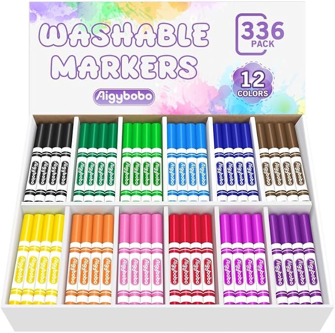 Aigybobo 336 Count Washable Markers Bulk, 12 Assorted Colors, Broad Line Conical Tip Coloring Marker for Kids, Markers Bulk Pack for Classroom, School Art Supplies & Back to School Supplies