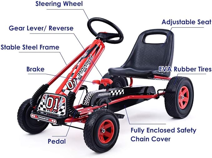 Costzon Go Kart for Kids, 4 Wheel Off-Road Pedal Go Cart w/Adjustable Seat, 2 Safety Brakes, EVA Rubber Tires, Ride-On Toys for Boys Girls, Outdoor Racer Pedal Car (Red, 40" L x 24''W x 24.5''H)