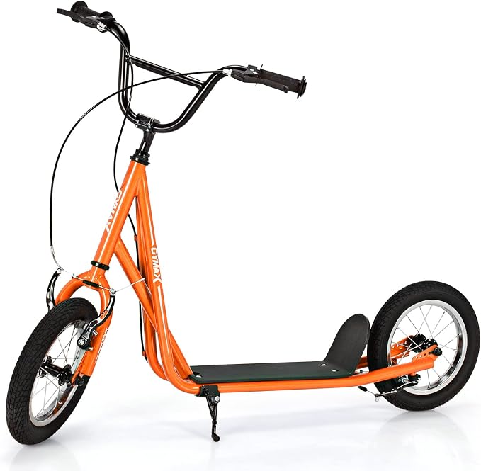 GYMAX Scooter, Kids & Adults Off-Road Scooter with 12" Inflatable Wheels, Adjustable Height Handlebar, V-Type Handbrakes & Axle Pegs for All Terrain, 8+