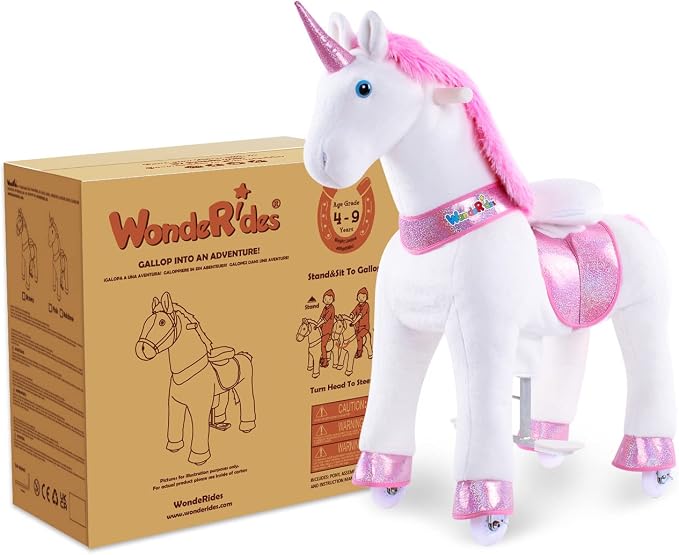 WondeRides Ride on Unicorn Pink Riding Horse Toys Size 3 for Age 3-5 Years, 30.1 inch Height Plush Riding Unicorn Pony Ride on Horse Toy Giddy up Rocking Mechanical Walking Animal with Wheels M331