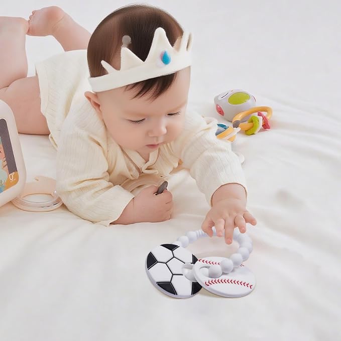 Silicone Baby Ring Toy with Baseball,Soccer Teethers,Must Haves Teething Relief Chew Toys for 0-6,6-12 Months Boys and Girls,Newborns Essentials,Safe and Soft,BPA Free.