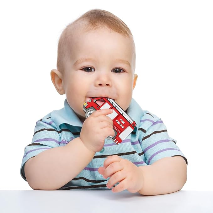 Baby Silicone Teether,Sensory Chew Toys,BPA Free Soft and Effective Infant Teething Pain Relief Toys,Freezer Safe,Food Grade Silicone,Best Shower Gift for Boys and Girls (Fire Truck).