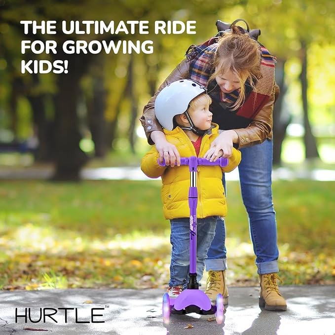 Hurtle Mini Kickboard 3 Wheel Scooter for Kids Ages 2-5 - Lean-to-Steer Toddler Scooter with Light-up LED Wheels, Adjustable Height & Rear Foot Brake for Boys. & Girls, Anti-Slip, Indoor/Outdoor