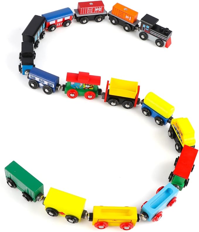 Wondertoys Wooden Train Set 16 PCS Train Toys Magnetic Set Includes Storage Bag - Wooden Track Accessories - Wooden Magnetic Car Set for Toddlers Kids Boys and Girls