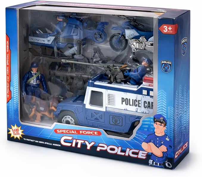 Liberty Imports 8 PCS Police Rescue Patrol Toy Vehicles and Figures Playset - Helicopter, SWAT Truck, Motorcycle, Action Figures, K-9, Weapons, and Accessories for Kids Imaginative Pretend Play